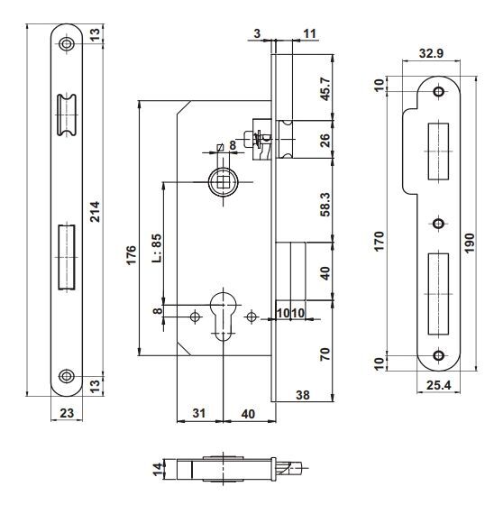 Hafele H40.04 Gömme Kilit Barelli Tip (PC) Mat Nikel 40/23Mm