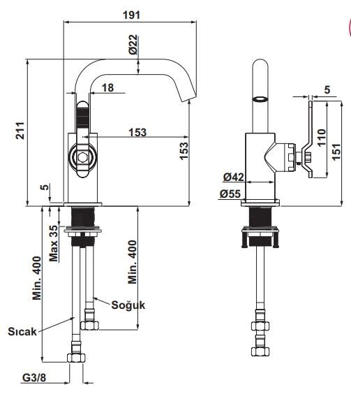 Hafele LOFT Lavabo Bataryası Titanyum