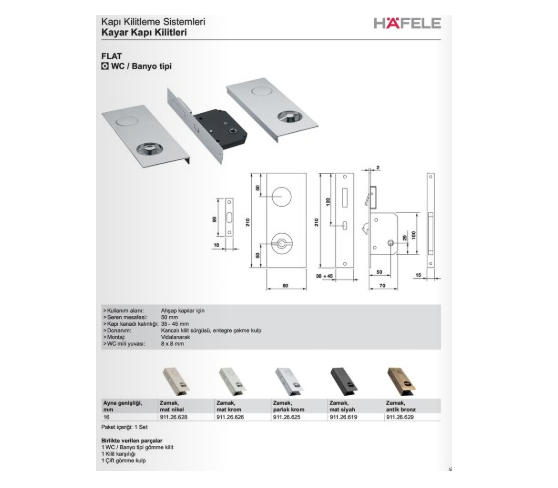 Hafele Flat Kayar Kapı Kilit Set WC Krom Mat 50/38-45mm