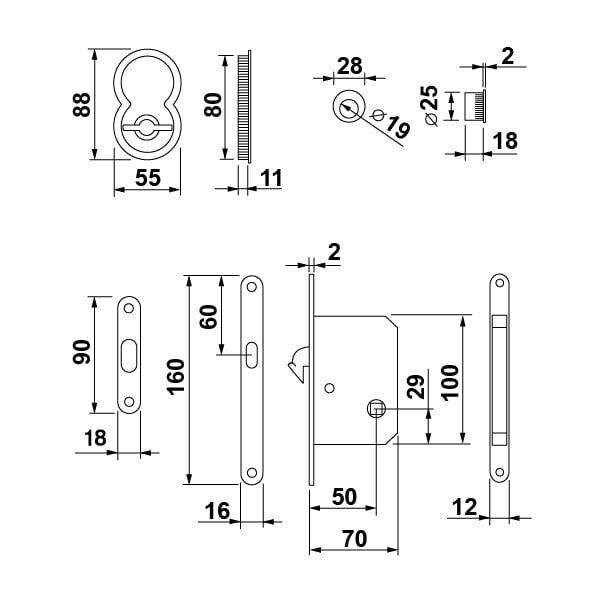 Hafele Otto Kayar Kapı Kilit Set Banyo Tipi (WC) Mat Krom Renk
