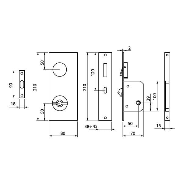 Hafele Flat Kayar Kapı Kilit Set Banyo Tipi (WC) Siyah Renk