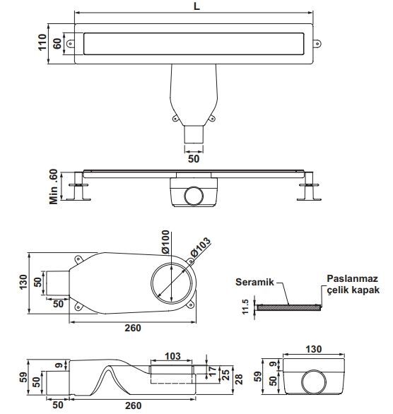 Hafele PROLINE Duş Kanalı Yatay 800mm Paslanmaz Çelik