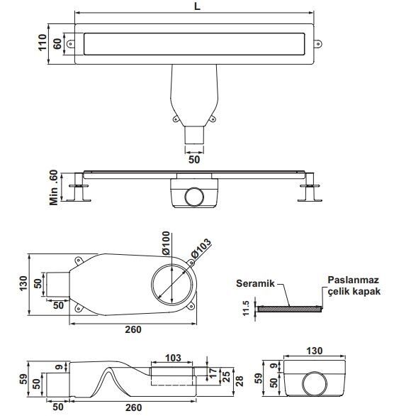 Hafele PROLINE Duş Kanalı Yatay 600mm Mat Siyah