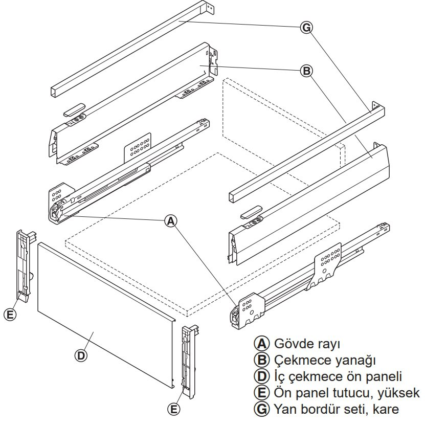 Hafele İç Çekmece Seti 120'lik Modül İçin Kare Bordürlü 50'lik Beyaz