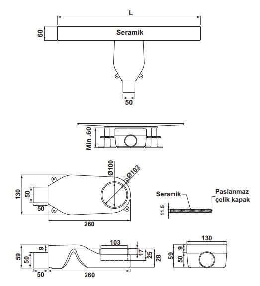 Hafele PUREFLOW Duş Kanalı Yatay 600mm Parlak Rose