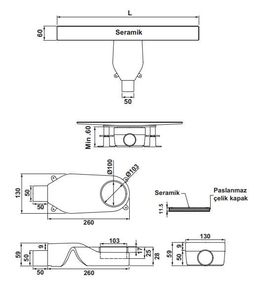 Hafele PUREFLOW Duş Kanalı Yatay 600mm Paslanmaz Çelik