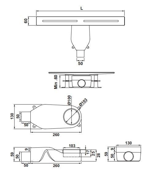 Hafele STREAMLINE Duş Kanalı Yatay 600mm Altın