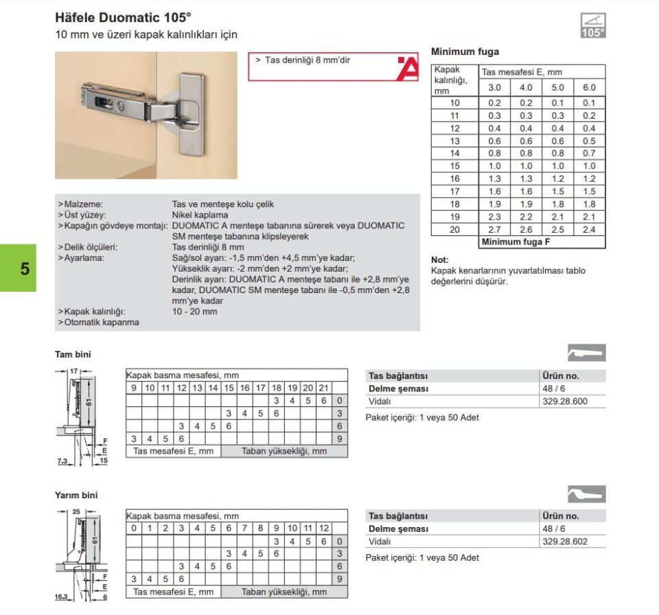 Hafele D. İnce Kapak Menteşesi Ydb 48/6 10-20mm