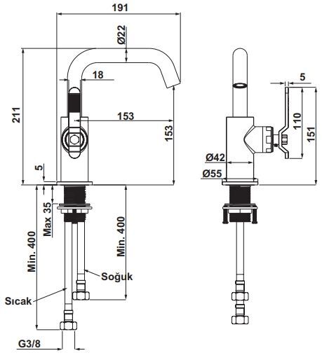 Hafele LOFT Lavabo Bataryası Mat Altın