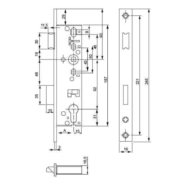 Hafele Dar Gömme Kilit Barelli Tip (PC) 40/16mm Mat Paslanmaz Çelik Renk